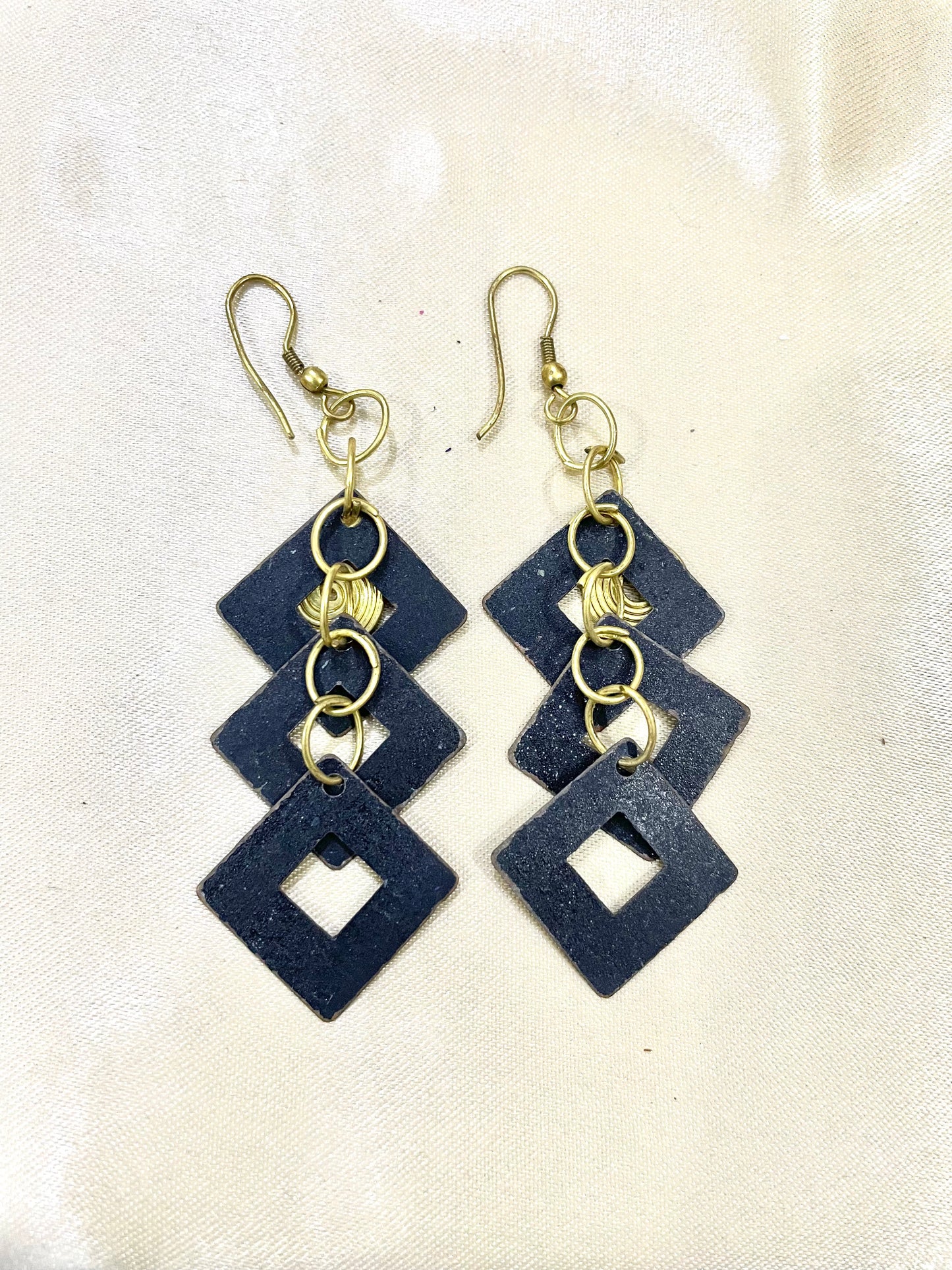 Blue geomatric golden chain layered dangle earring