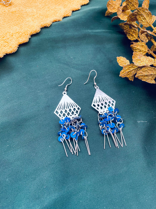 Bohochic pure Silver steel drop earring with blue tune