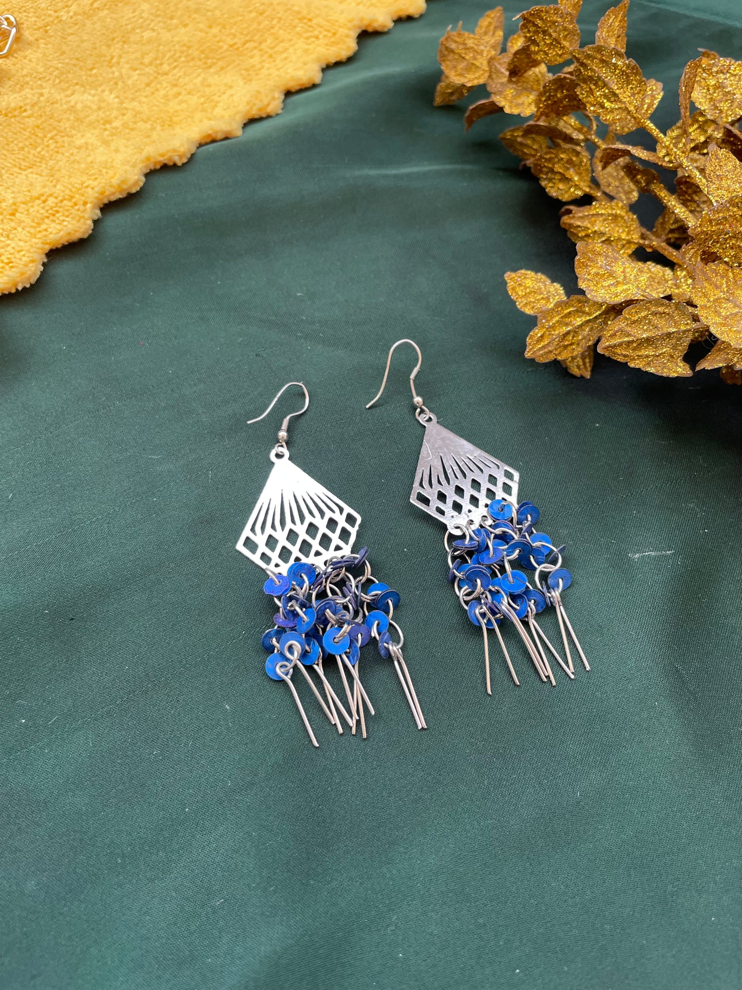 Bohochic pure Silver steel drop earring with blue tune