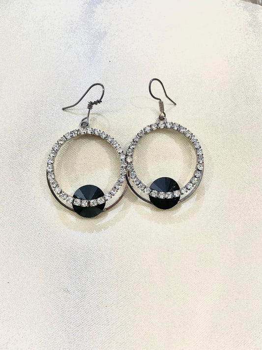 Ball drop black and silver rhinstone earring