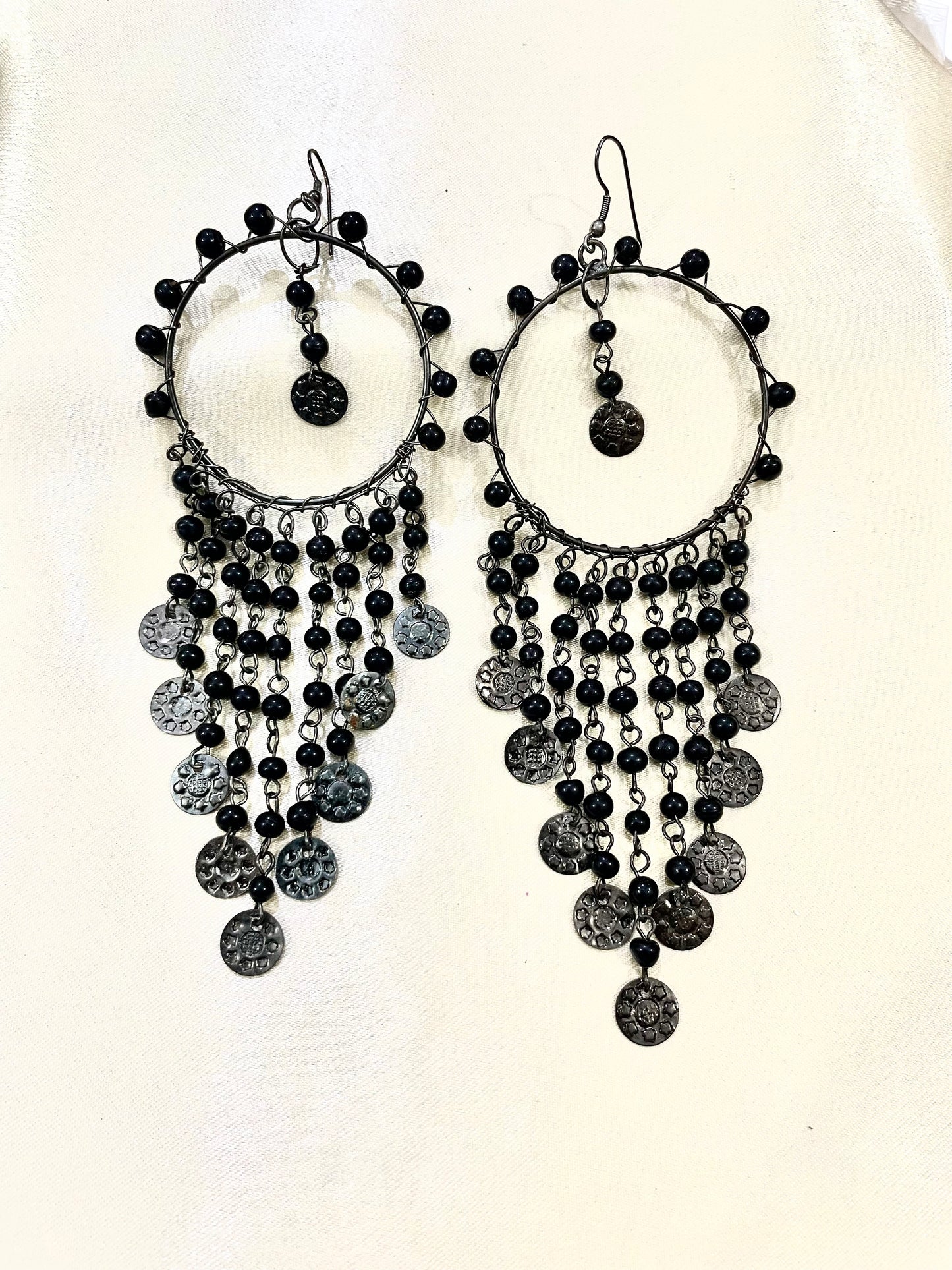 Black layered metal long earrings