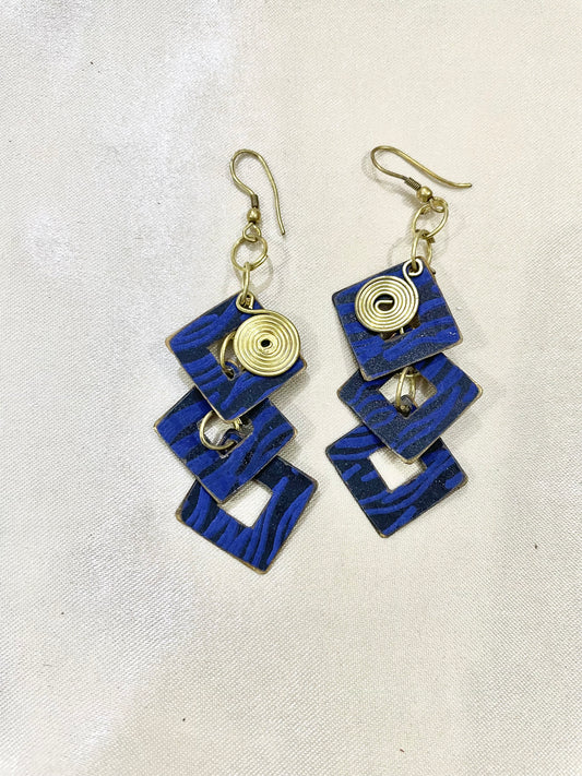 Blue geomatric golden chain layered dangle earring